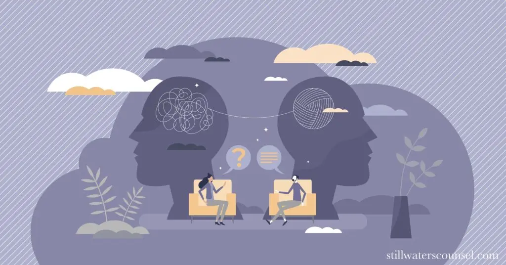 Illustration of two people on benches talking, with abstract thought bubbles above them. One bubble is tangled lines, the other a knot. Background includes muted clouds and plants, symbolizing communication and mental clarity.