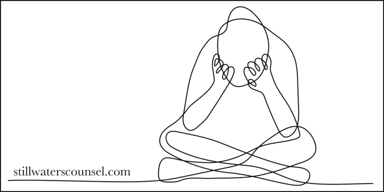 Line drawing of a person sitting cross-legged with their head in their hands, depicted in a continuous line style. The text stillwaterscounsel.com is in the bottom left corner.