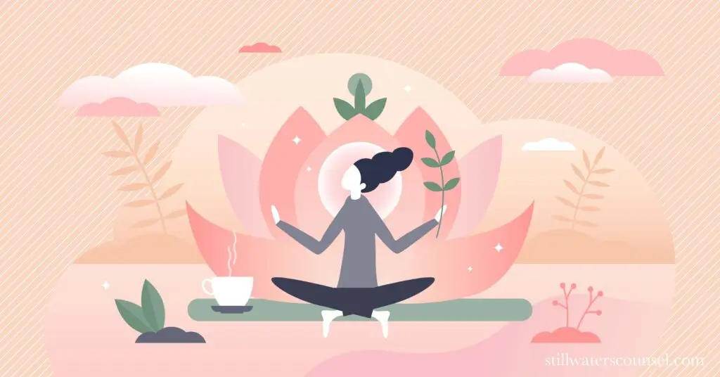 An illustration of a person sitting cross-legged on a mat, meditating. They hold a branch in one hand. In the background, a large pink lotus flower and calming scenery with clouds and plants. A steaming cup placed nearby.