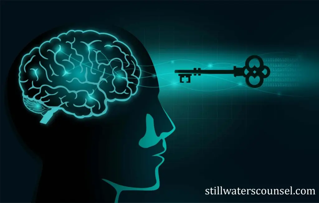 Silhouette of a head with a glowing brain inside, linked to an ornate key with binary code in the background. The image suggests unlocking the minds potential, featuring a dark teal color scheme. Website URL at the bottom right.