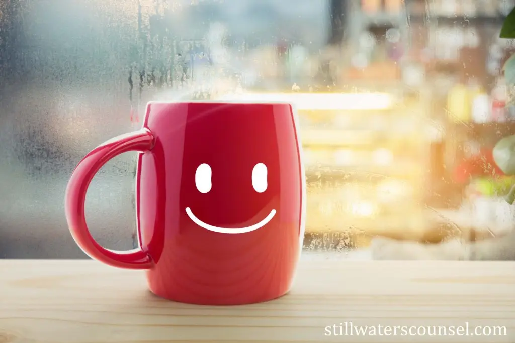 A red mug with a white smiling face design sits on a wooden surface. The background is a foggy window with an out-of-focus cityscape and warm lights visible through it. The mug has the website stillwaterscounsel.com written on it.