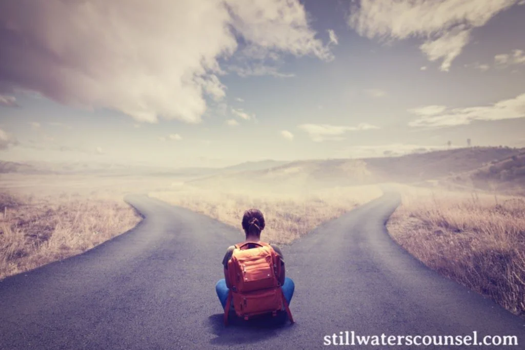 A person with a backpack sits at a fork in an empty road, facing two diverging paths. The landscape is vast and barren under a cloudy sky. The scene suggests contemplation or decision-making.