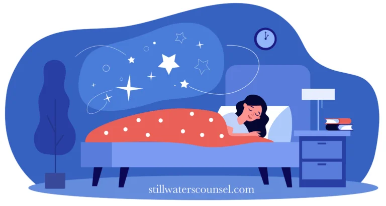 Illustration of a woman sleeping peacefully in a bed with a red polka dot blanket. Stars and swirls float above, suggesting dreams. A clock, books, and a lamp are on the nightstand. A plant is nearby. The image is labeled stillwaterscounsel.com.