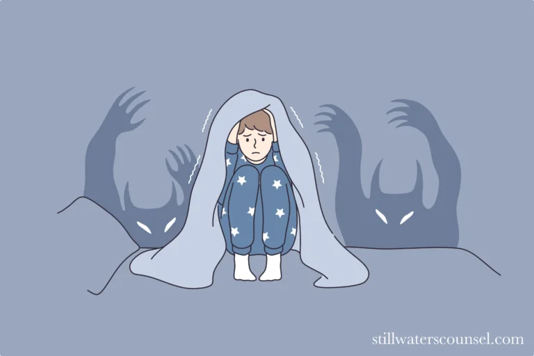 A child in pajamas sits on a bed, holding a blanket over their head, looking worried. Two shadowy, monster-like figures with glowing eyes loom behind them, adding a sense of fear and anxiety to the scene.