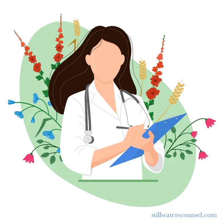 Illustration of a female doctor with long brown hair, wearing a white coat and holding a blue clipboard. She stands in front of a backdrop of colorful flowers with a green oval outline.