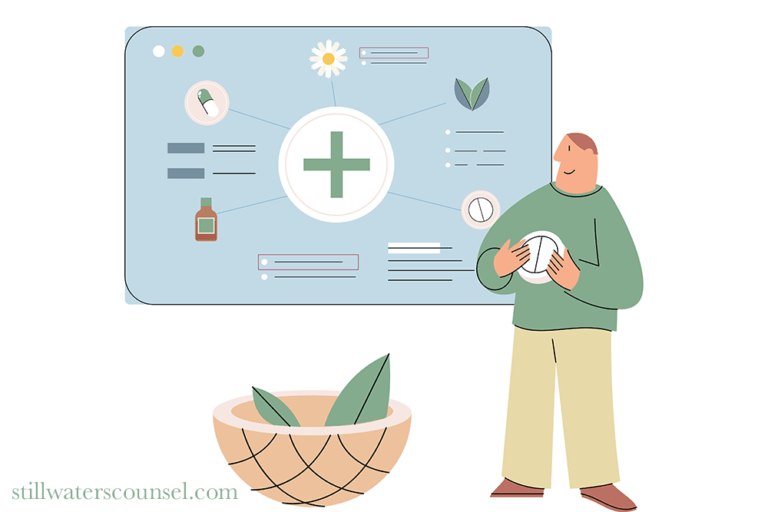 A person stands holding a tablet, facing a screen displaying a medical cross, chart, and icons like a pill bottle and leaf. A bowl with leaves is in the foreground. The design suggests natural health or wellness.