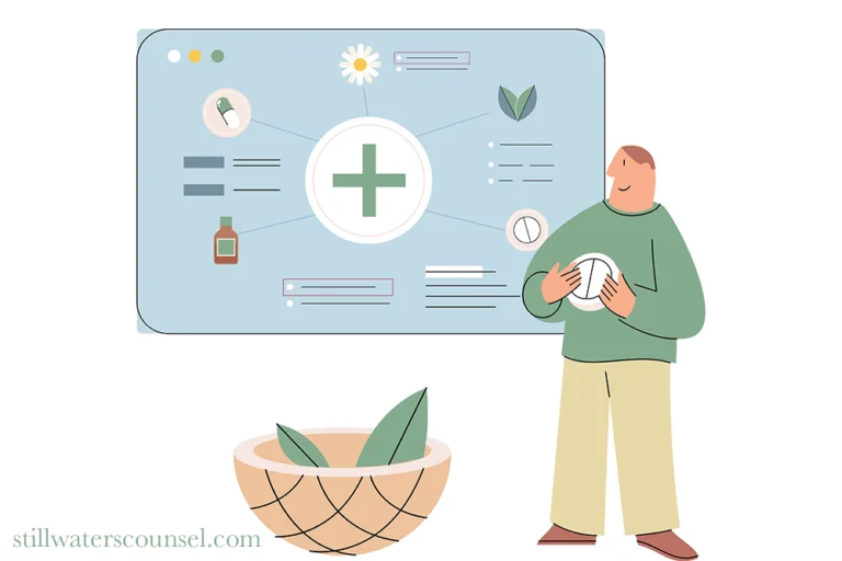 A person stands holding a tablet, facing a screen displaying a medical cross, chart, and icons like a pill bottle and leaf. A bowl with leaves is in the foreground. The design suggests natural health or wellness.