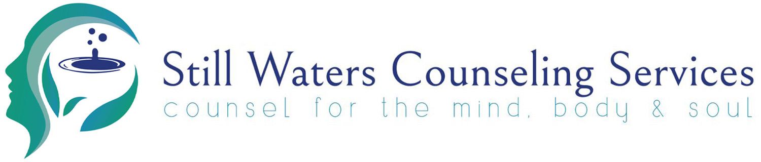 Logo for Still Waters Counseling Services featuring a stylized person’s head silhouette with a water ripple inside. The text reads Still Waters Counseling Services - counsel for the mind, body & soul.