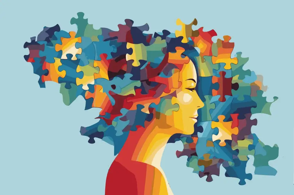 A colorful illustration of a womans profile with flowing hair made of interlocking puzzle pieces in various vibrant colors, set against a light blue background.