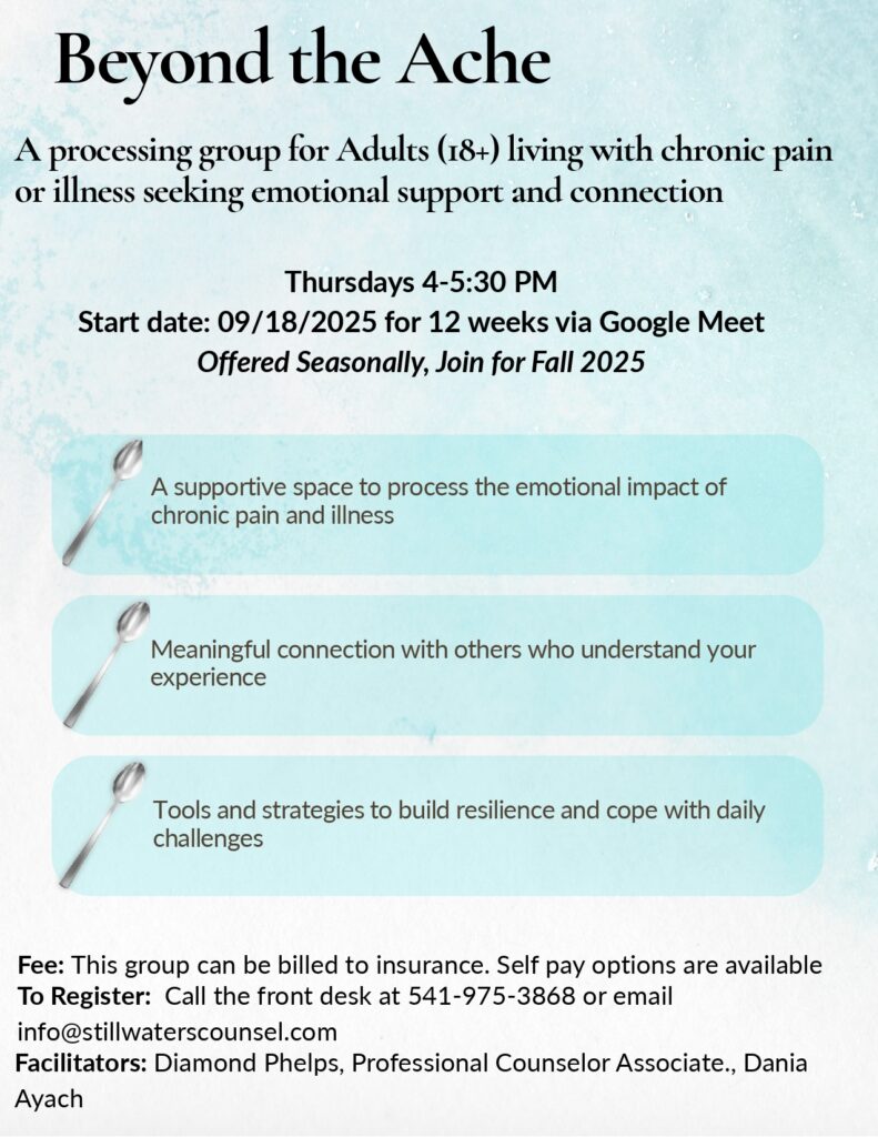 Flyer for Beyond the Ache, a 12-week online support group for adults with chronic pain or illness, meeting Thursdays. Lists support, connection, resilience, and registration details, with three spoon icons as bullet points.