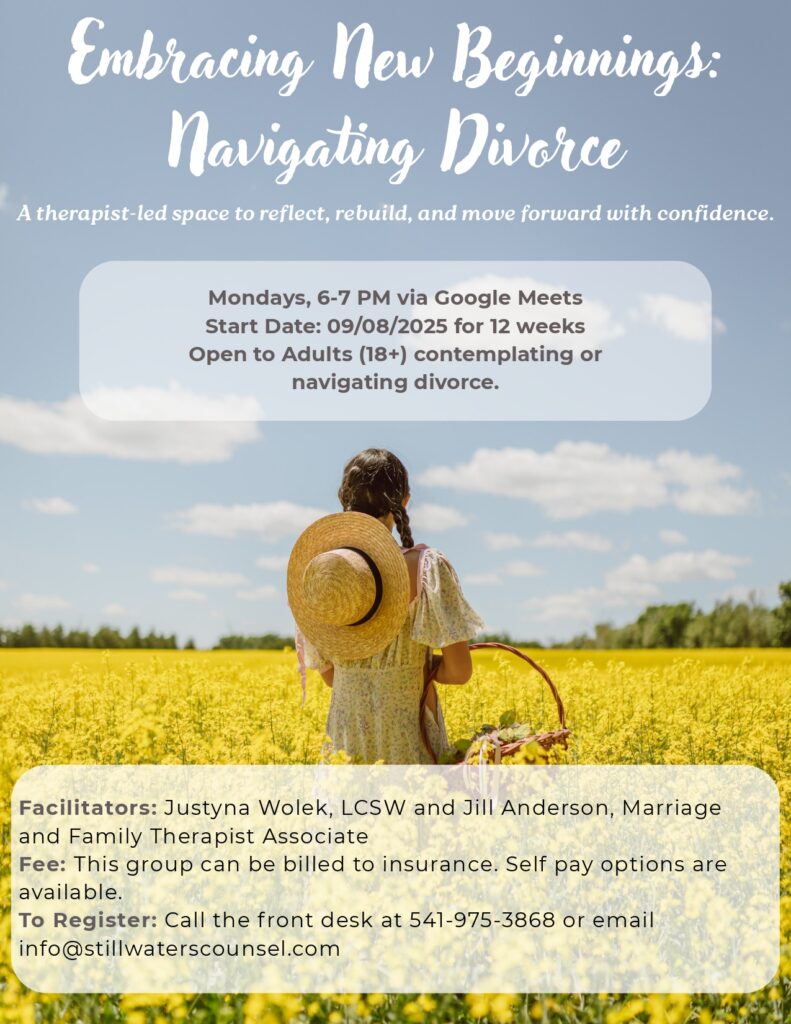 A woman in a straw hat and yellow dress walks through a green field carrying a basket. Text promotes a 12-week online support group, Navigating Divorce, with details on time, facilitators, fees, and registration.