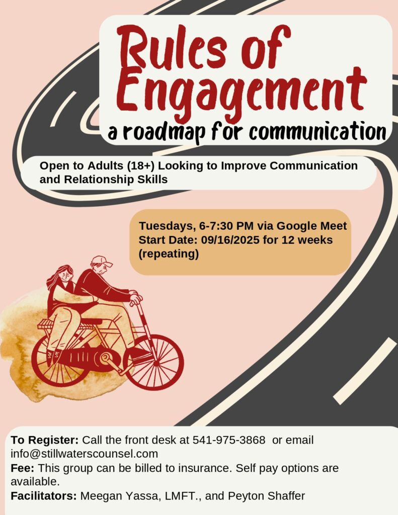 Flyer titled Rules of Engagement: a roadmap for communication, with a drawing of a couple riding a tandem bicycle on a winding road. Details include dates, times, facilitators, registration info, and session description.