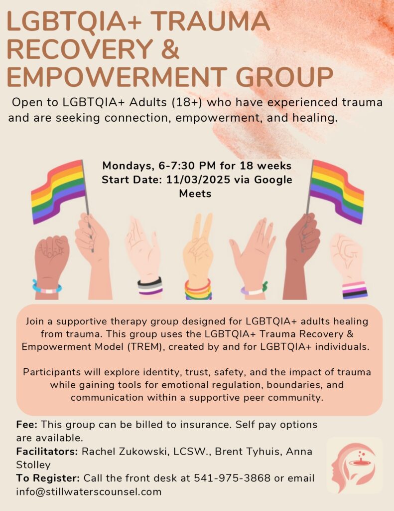 Flyer for an LGBTQIA+ trauma recovery and empowerment group, with abstract figures holding rainbow hearts. Details include sessions on Mondays, 6-7:30 PM, starting 11/03/2025 via Google Meets, with facilitator info and contact details.