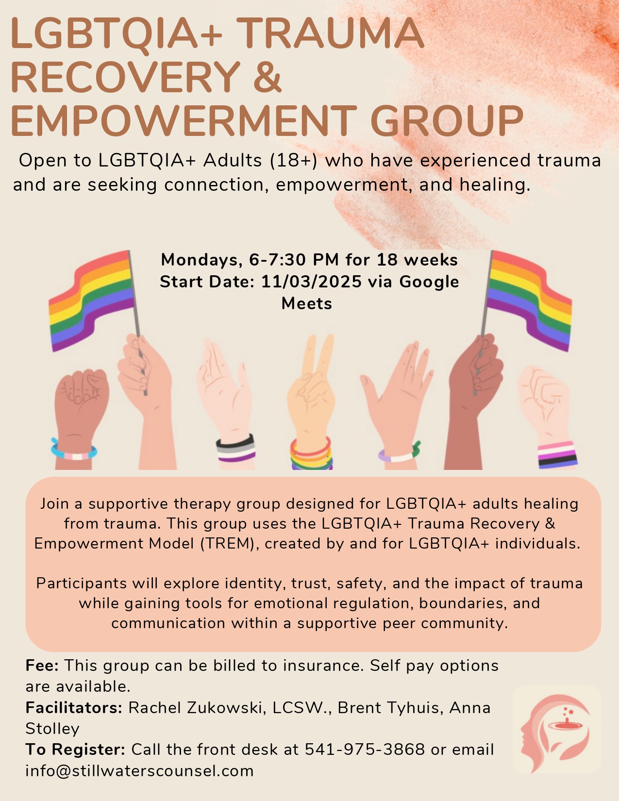 Flyer for an LGBTQIA+ trauma recovery and empowerment group, with abstract figures holding rainbow hearts. Details include sessions on Mondays, 6-7:30 PM, starting 11/03/2025 via Google Meets, with facilitator info and contact details.