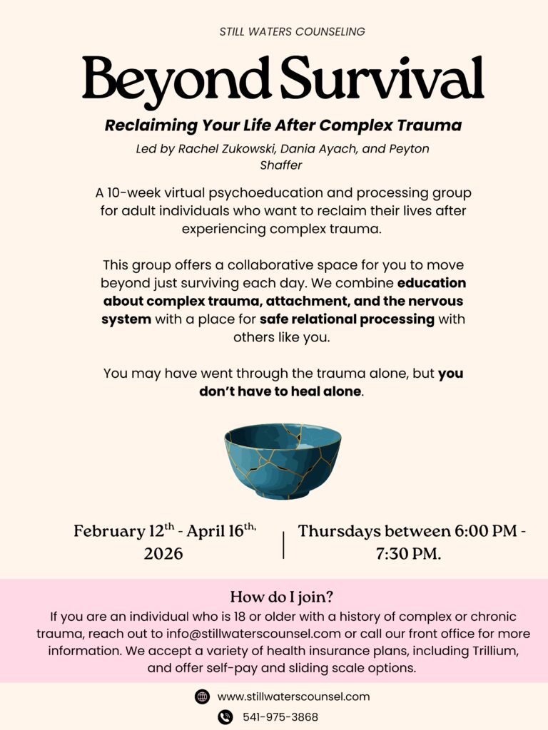 A flyer for Beyond Survival, a 10-week virtual counseling group for adults healing from complex trauma, with session details, a photo of a mended bowl, and contact information at the bottom.