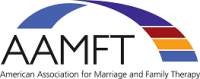 Logo of the American Association for Marriage and Family Therapy, featuring the letters AAMFT in black and a multi-colored swoosh above. Below, it says American Association for Marriage and Family Therapy in smaller text.