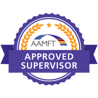 A purple and gold badge featuring the text AAMFT Approved Supervisor with a star, laurel wreath, and a curved strip with red, blue, and orange lines above the word AAMFT.